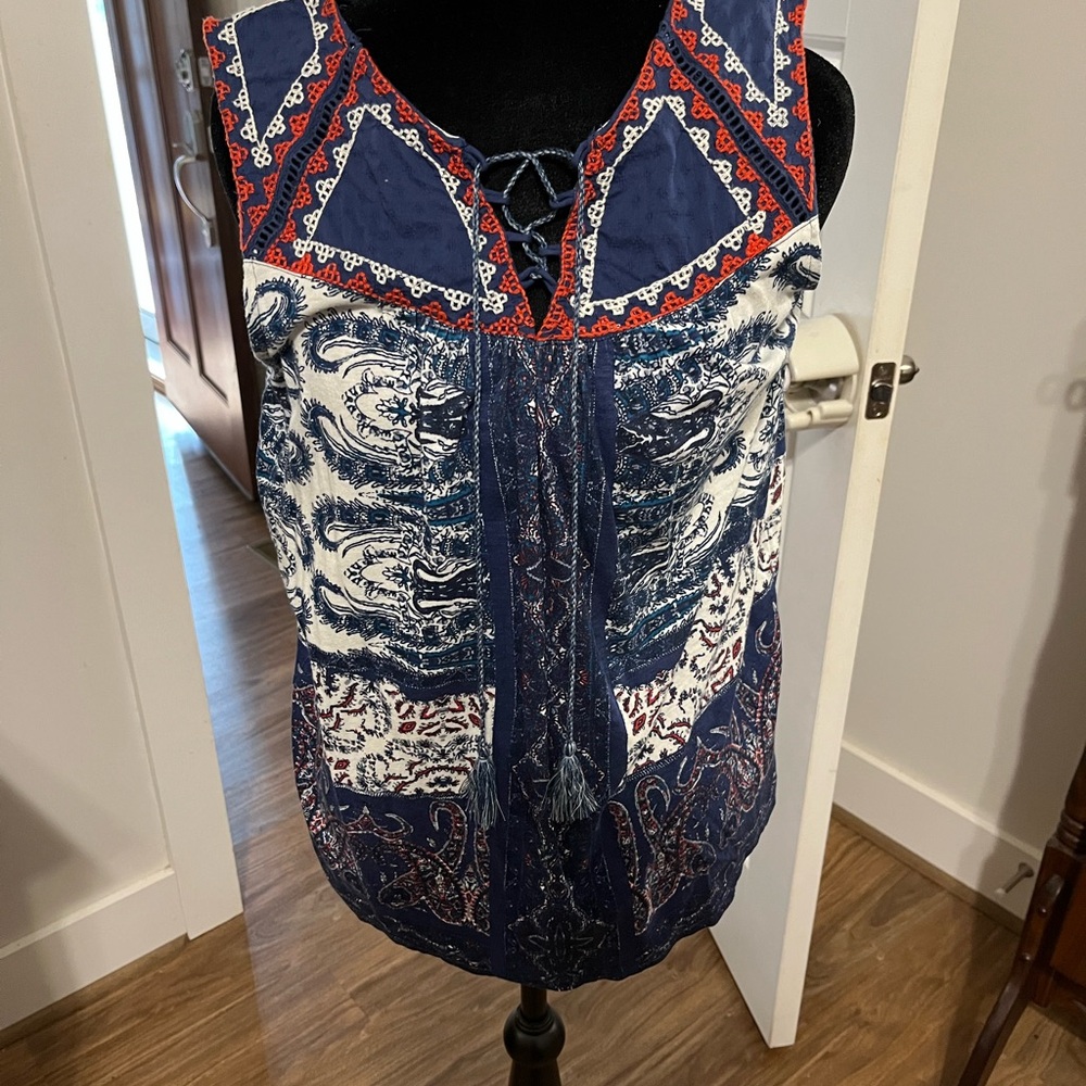 Lucky Brand Navy and Red Women's Top Size Medium